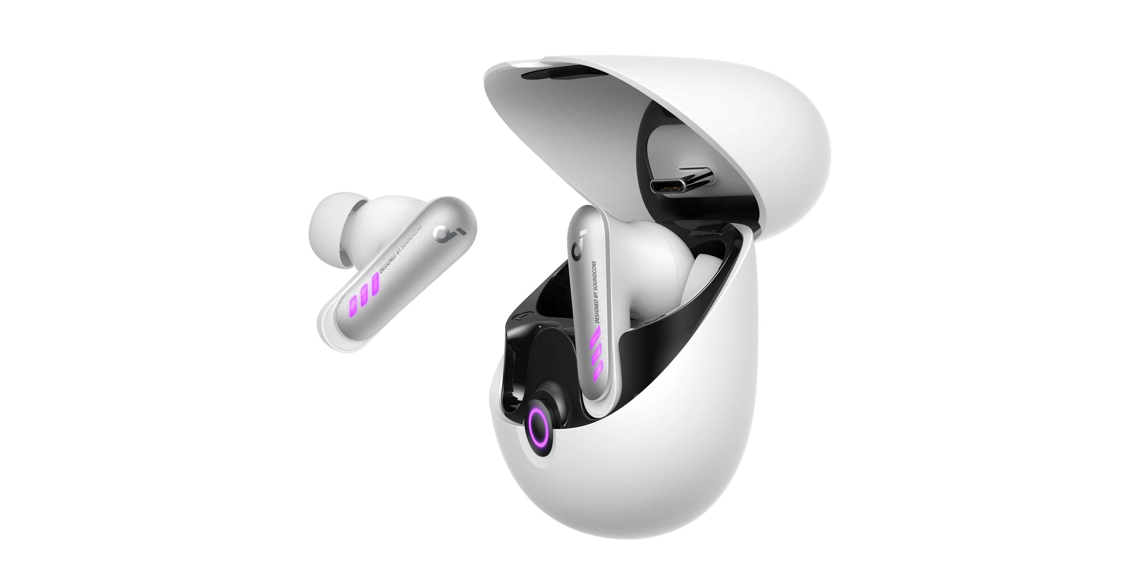  The image shows the Soundcore K20i TWS earbuds in four pastel colors: white, black, purple, and blue.