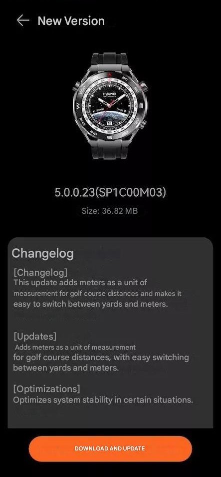 Le journal des modifications de la version 5.0.0.23 du micrologiciel de la Huawei Watch Ultimate. (Source de l'image : Huaweiblog.de via Google Translate)