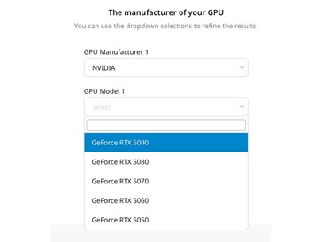 Les GPU de la série RTX 50 sur la page web du calculateur de puissance de Seasonic (Source : Seasonic)