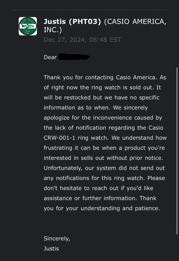 Courrier électronique de Casio America. (Source de l'image : u/Temporary_Airline_58 via Reddit)