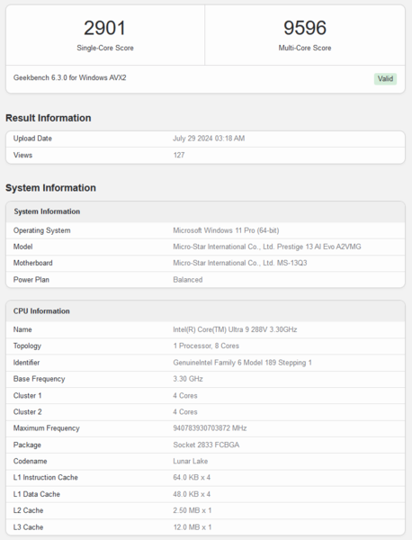 Score Geekbench de l'Intel Core Ultra 9 288V (source : Geekbench)