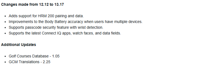 Les notes de mise à jour de la version 13.17 du logiciel pour les smartwatches Garmin Venu 3 et vivoactive 5. (Source de l'image : Garmin)