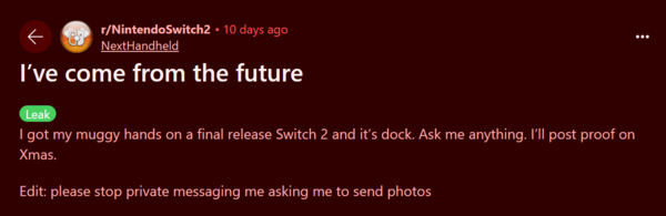 Au moins un utilisateur anonyme sur Reddit affirme avoir déjà une Switch 2 en main, promettant de partager des détails le jour de Noël. (Source de l'image : Reddit)