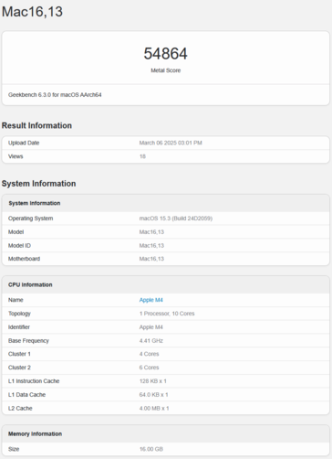 Score GPU Geekbench du MacBook Air M4 (source : Geekbench)