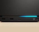 Vue avant de la Valve Steam Machine avec deux ports USB, un port USB-C, une LED d'alimentation, un bouton d'alimentation rond et une bande LED bleue. (Source de l'image : Valve)
