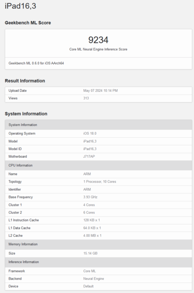 Apple Liste Geekbench de la M4 (image via Geekbench)