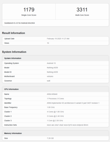 Liste Geekbench du Nothing Phone 3a (source d'image : Geekbench)