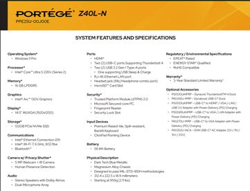 Spécifications complètes de la variante Core Ultra 5 (Image source : Dynabook)