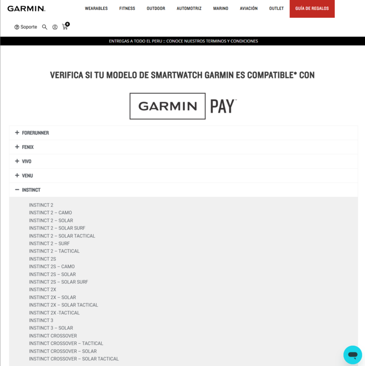 Capture d'écran du site web de Garmin Pérou confirmant les smartwatches Instinct 3 et Instinct 3 Solar. (Source de l'image : Garmin)