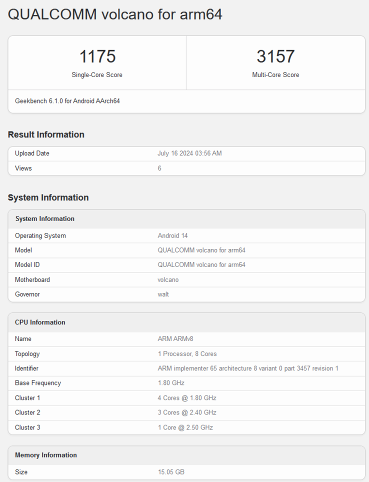 La liste Geekbench du Snapdragon 7s Gen 3 révèle également les résultats des tests à cœur unique et à cœur multiple, respectivement 1 157 et 3 157. (Source : Geekbench)