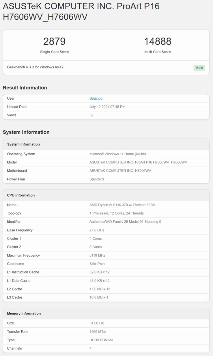 Résultat Geekbench 6 de la Ryzen AI 9 HX 370. (Source de l'image : Geekbench)