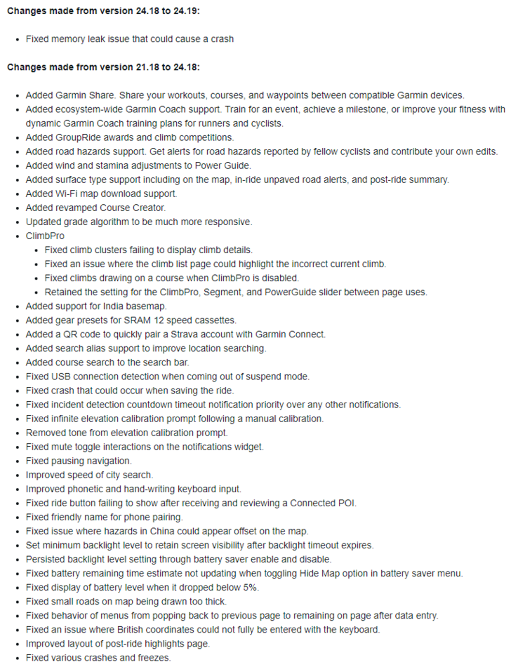 Le journal des modifications de la version 24.19 du logiciel stable pour certains appareils Garmin Edge. (Source de l'image : Garmin)