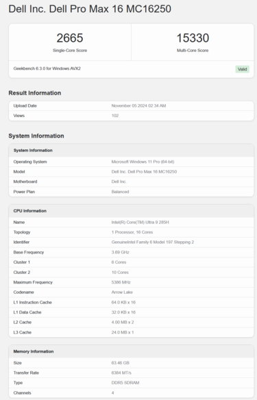 Performances Geekbench de l'Intel Core Ultra 9 285H (source : Geekbench)