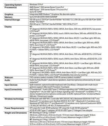 Spécifications du PC HP EliteBook 6 G1a AI. (Source de l'image : HP)