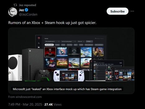 Jez Corden Steam sur Xbox App X post (Image source : screenshot, Jez Corden X account)