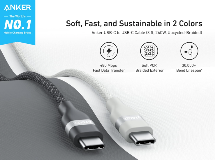 Le câble USB-C à USB-C d'Anker, récemment lancé (240 W, tressé et recyclé). (Source de l'image : Anker)