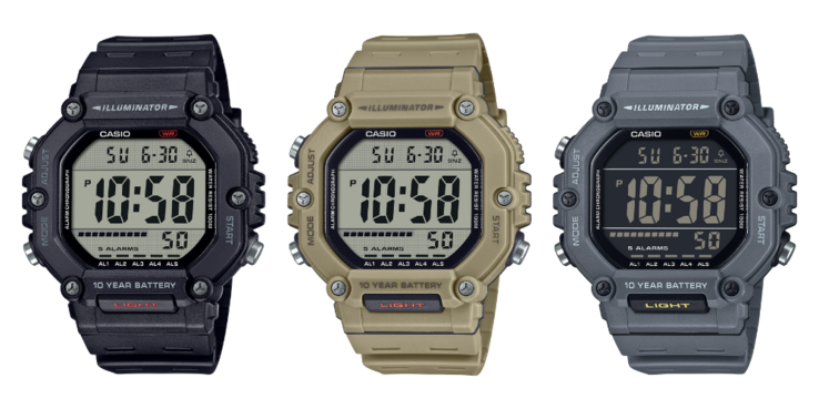 De gauche à droite, les montres Casio AE1600H-1AV, AE1600H-5AV et AE1600H-8BV. (Source de l'image : Casio)