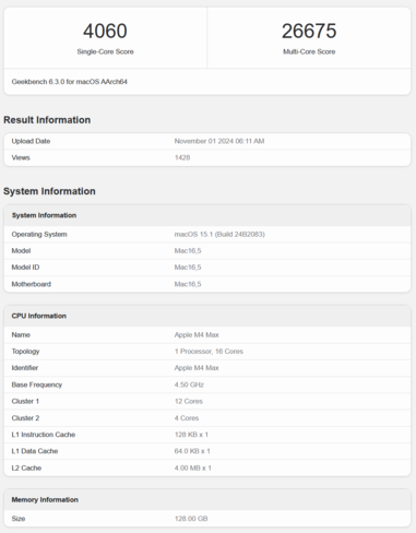 Apple Performances du processeur du M4 Max (Geekbench) (source : Geekbench)