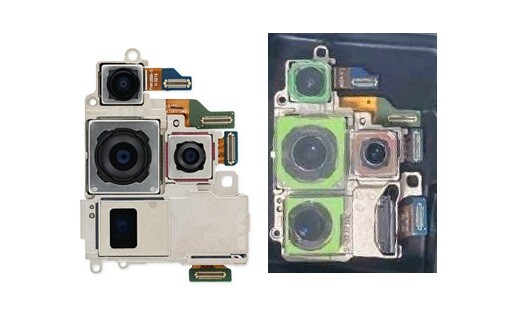 Le module caméra de Samsung Galaxy S23 Ultra (à gauche) comparé à l'image divulguée de la quadruple caméra Galaxy S24 Ultra.