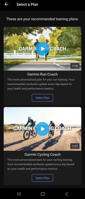 Capture d'écran des nouveaux outils Garmin Coach dans l'application Garmin Connect. (Source de l'image : Garmin)