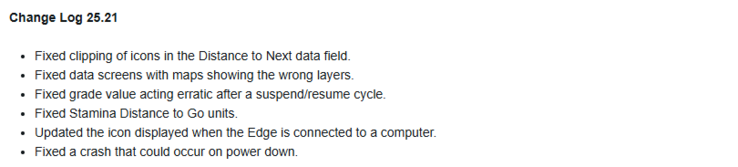 Le journal des modifications de la version bêta 25.21 pour les compteurs de vélo Garmin X40 Edge. (Source de l'image : Garmin)