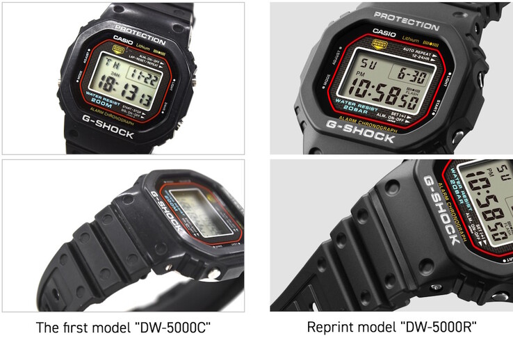 Des détails tels que la lunette du boîtier entourant le lettrage, les fossettes de la bande et l'emplacement du bouton d'éclairage sont méticuleusement reproduits dans la Casio DW-5000R G-Shock pour correspondre à la DW-5000C d'origine. (Source de l'image : Casio Japan)