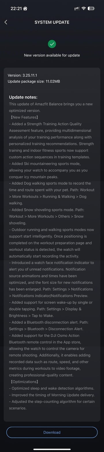 Les notes de version complètes de la mise à jour Amazfit Balance version 3.25.11.1. (Source de l'image : u/Nurkamol via Reddit)