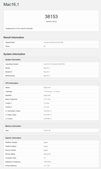 Apple Performances du GPU M4 (source : Geekbench)