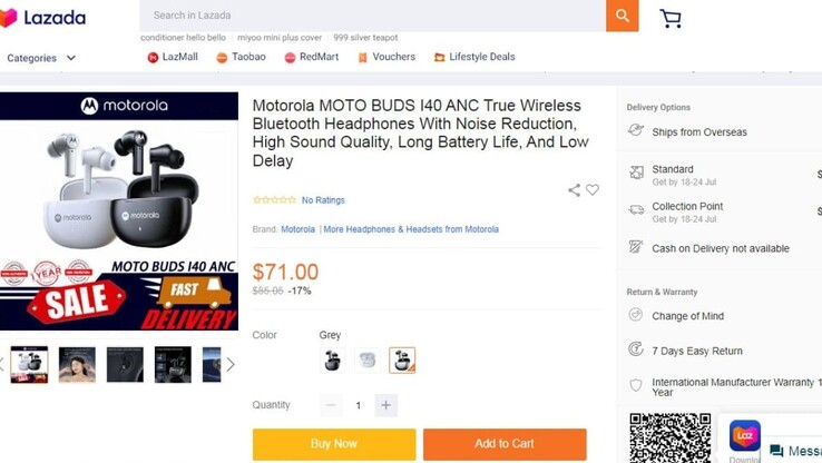 La liste des Moto Buds I40 sur le site web de Singapour, Lazada (Source : Lazada)