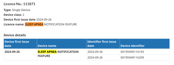 La liste des licences actives de l'intégration de la fonction d'apnée du sommeil sur le site web de Santé Canada. (Source de l'image : Santé Canada)