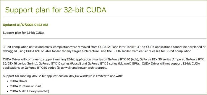 Avis de Nvidia sur l'avenir de la prise en charge de CUDA 32 bits. (Source de l'image : Nvidia)