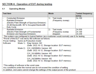 Un tableau extrait du dossier, énumérant les modes de fonctionnement de l'accessoire Nintendo inconnu. (Source de l'image : FCC)