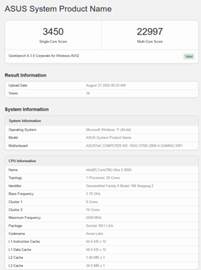 Intel Core Ultra 9 285K score Geekbench (image source : Geekbench)