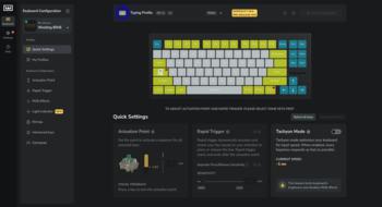 Wootility v5 vous accueille avec une page d'accueil où vous pouvez modifier les paramètres de base du Wooting 80HE, tandis que d'autres options sont disponibles dans la barre latérale. (Source de l'image : Julian van der Merwe / Notebookcheck)