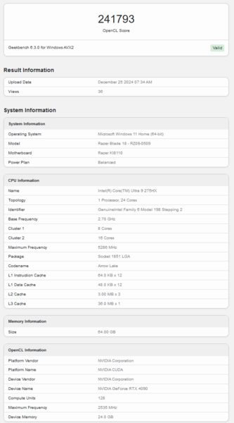 Liste Geekbench du Razer Blade 18 (source d'image : Geekbench)