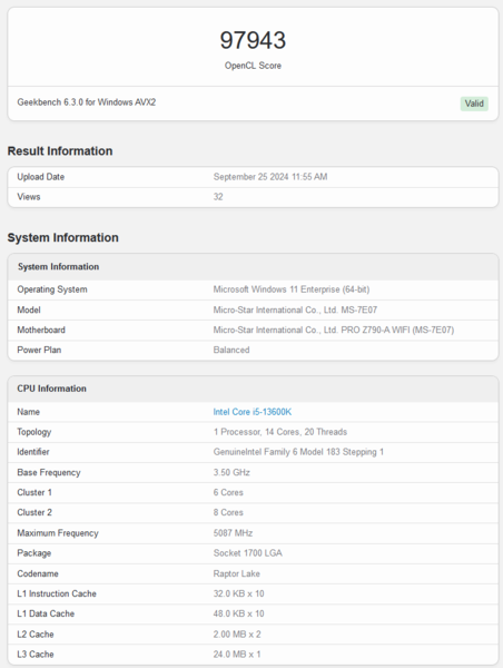 Performances du GPU Intel Battlemage sur Geekbench (source : Geekbench)