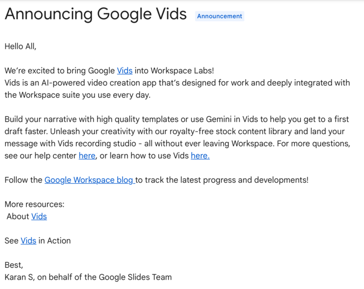 L'annonce faite plus tôt dans la journée concernant le lancement de Google Vids dans Workspace Labs. (Source : Google Support)