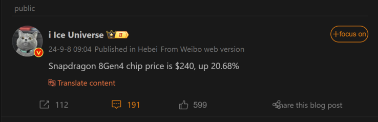 Dernier rapport d'Ice Universe sur le Snapdragon 8 Gen 4 (Image source : Weibo - machine translated)