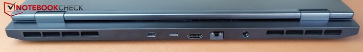 Arrière : MiniDP 1.4 (compatible G-Sync), USB-C 3.2 Gen2 (10 Gb/s, DP 1.4a, Power Delivery), HDMI 2.1 (compatible G-Sync), LAN, alimentation