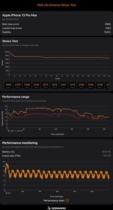 Résultat du test 3D Mark Wild Life Extreme Stress Test pour le A15 Bionic. (Source : Notebookcheck)