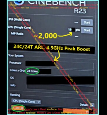 Arrow Lake Single-Core Cinebench R23 (Source de l'image : Moore's Law Is Dead sur YouTube)