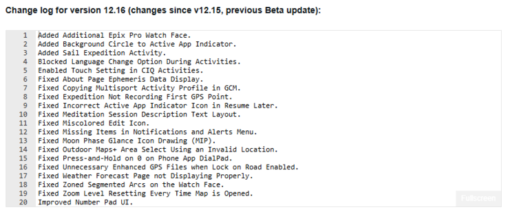 Le journal des modifications de la version beta 12.16 pour les Garmin Fenix 8, Fenix E et Enduro 3 (Image source : Garmin)