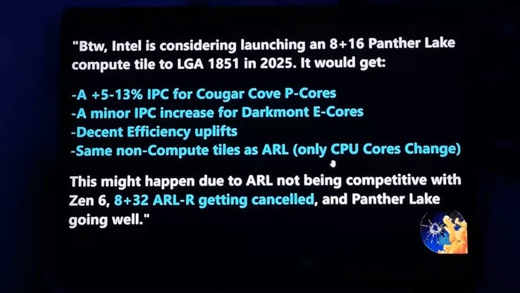 Intel Panther Lake pour les ordinateurs de bureau. (Source de l'image : Moore's Law Is Dead sur YouTube)