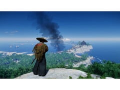 Un paysage tiré de Ghost of Tsushima montrant Jin debout sur une montagne surplombant l&#039;île. (Source de l&#039;image : Steam)