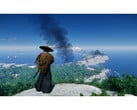 Un paysage tiré de Ghost of Tsushima montrant Jin debout sur une montagne surplombant l'île. (Source de l'image : Steam)