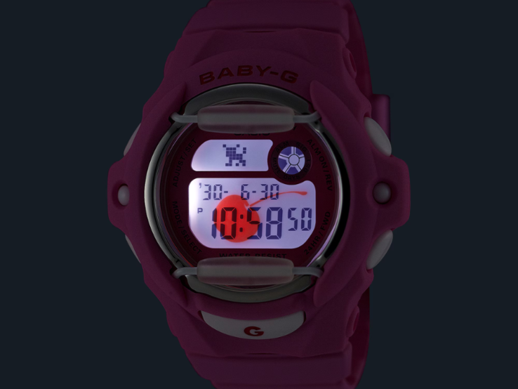 Une cerise s'affiche lorsque l'utilisateur déclenche le rétroéclairage LED des montres BG-169CH. (Source de l'image : Casio)