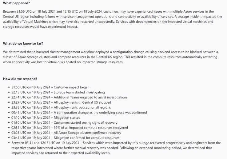 Chronologie de la panne de MS Central US Azure causée par un mauvais changement de configuration. (Source de l'image : Microsoft)