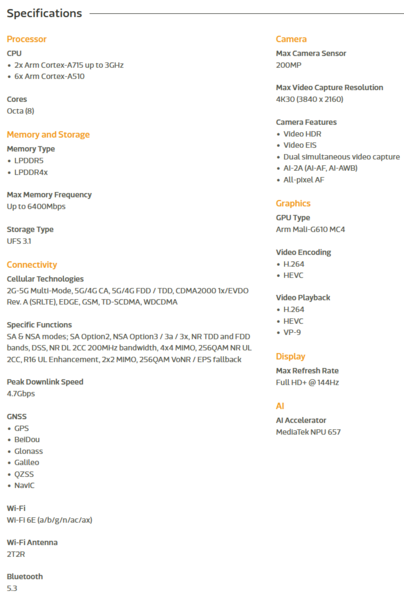 Spécifications du Dimensityu 7350 de MediaTek (source de l'image : MediaTek)