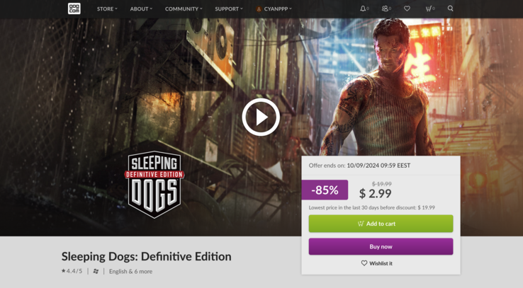 Sleeping Dogs : Definitive Edition était à 19,99 euros avant d'être réduit à 2,99 euros. (Source de l'image : GOG)