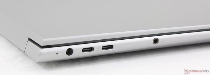 À gauche : alimentation, 2x USB-C 4.0 avec Thunderbolt 4 (40 GBit/s, DisplayPort-ALT 1.4), 3,5 mm stéréo